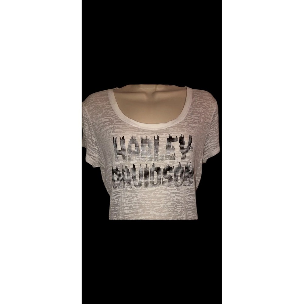White sheer burnwash studded bling logo Harley Davidson shirt‎ sz Large - Picture 2 of 9